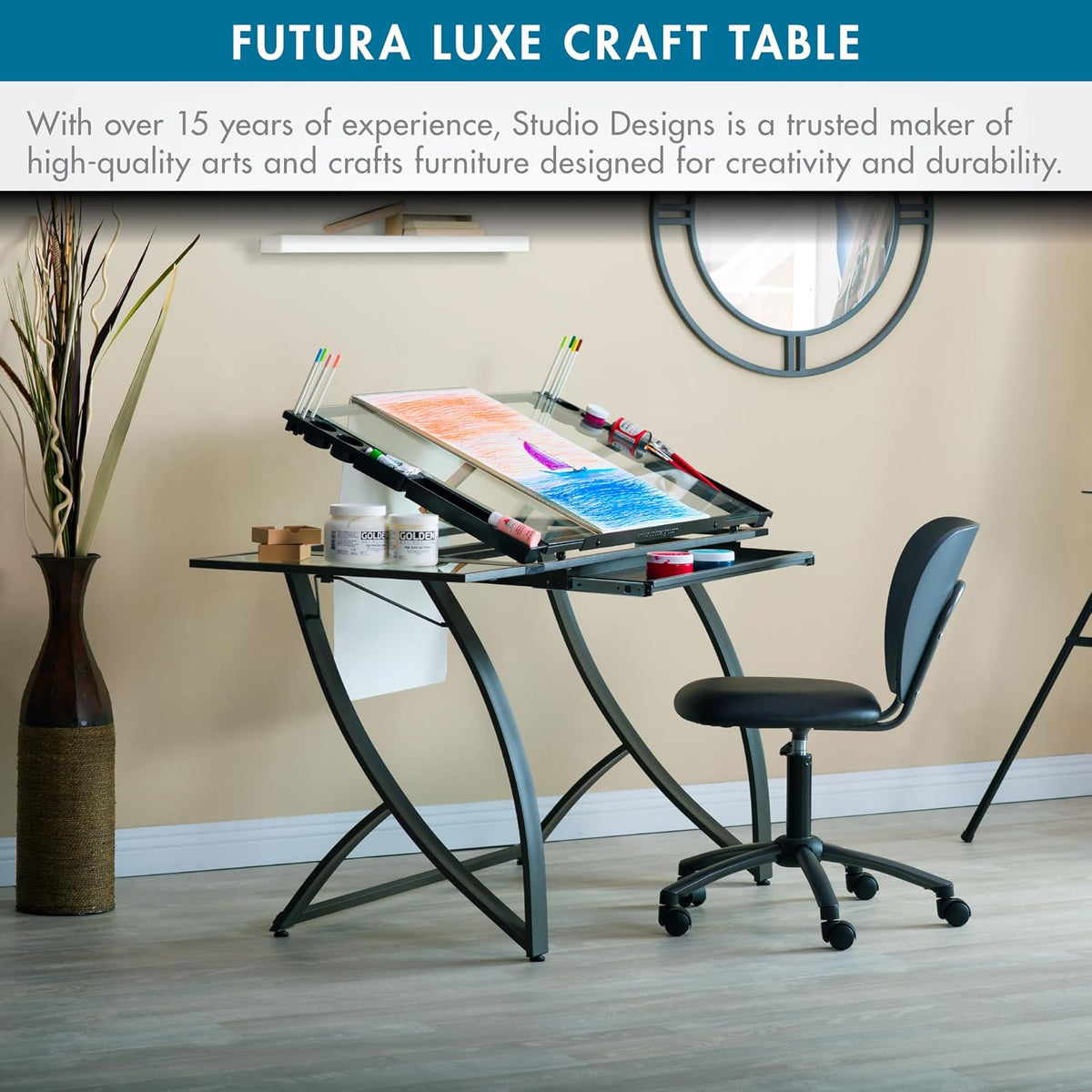 SD STUDIO DESIGNS Futura Luxe Drawing, Drafting, Craft Table with Drawer, 35" Wide Angle Adjustable Top and Side Shelf, Pewter Grey/Clear Glass