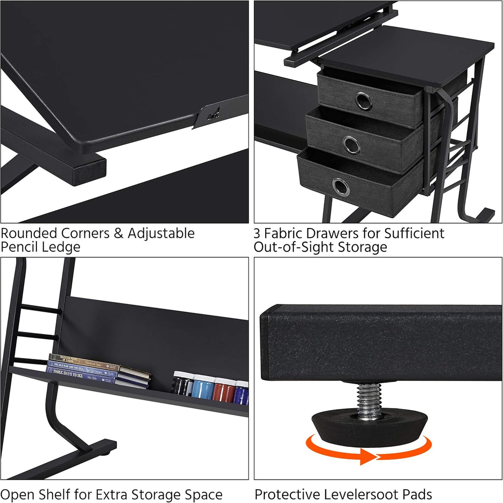 Yaheetech Tilting Drafting Table Art Craft Desk with Stool, Drawers, Black