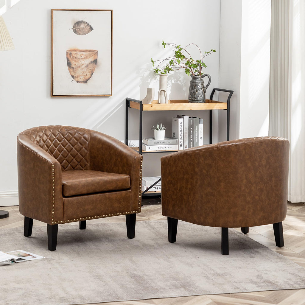 KINWELL 29" W Faux Leather Tufted PU Barrel Club Chairs Set of 2, Black