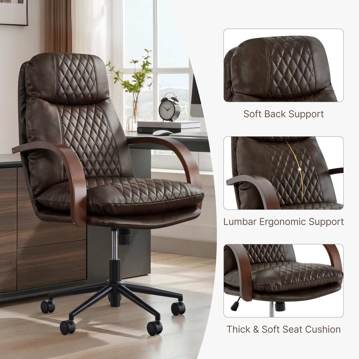 KISLOT Home Office Desk Chair, Ergonomic Office Chair with Lumbar Support, Adjustable Swivel Computer Chair with Wheels, Faux Leather Executive Task Chair with Wood Arms, Set of 2, Brown