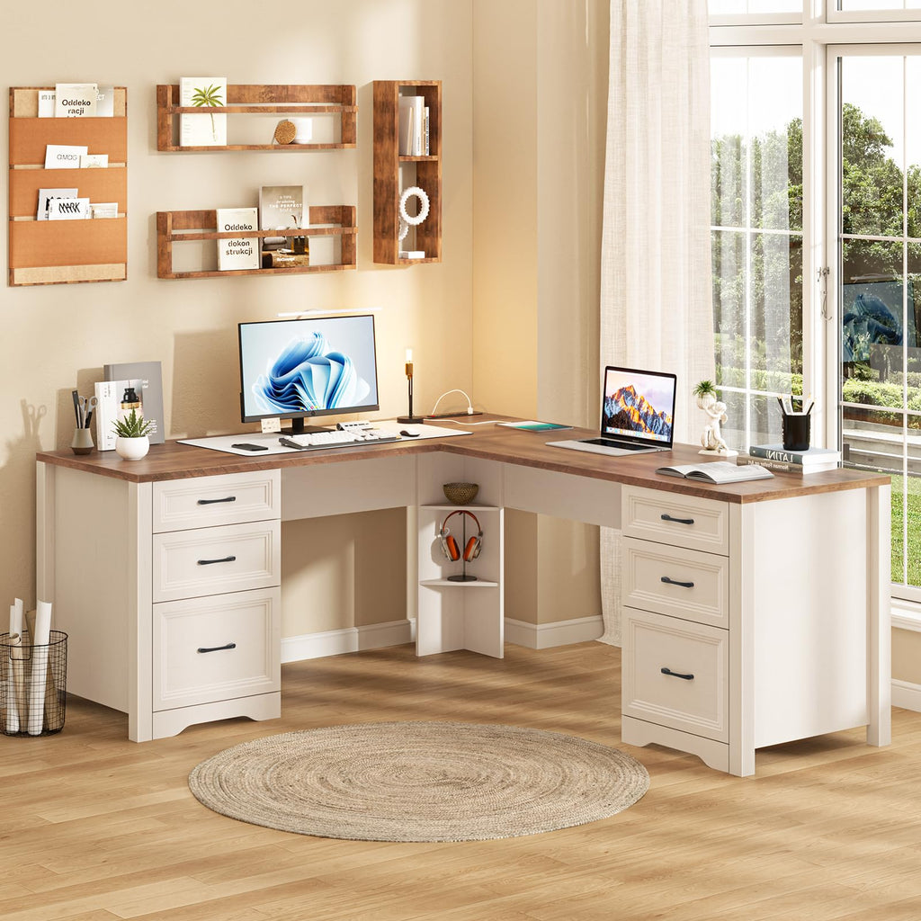 Halitaa Farmhouse Home Office Desk with 6 Drawers, L Shaped Executive Desk with Power Outlets and Triangle Under-Desk Storage Shelf & Drawer File Cabinet, Corner Computer Desk, Grey