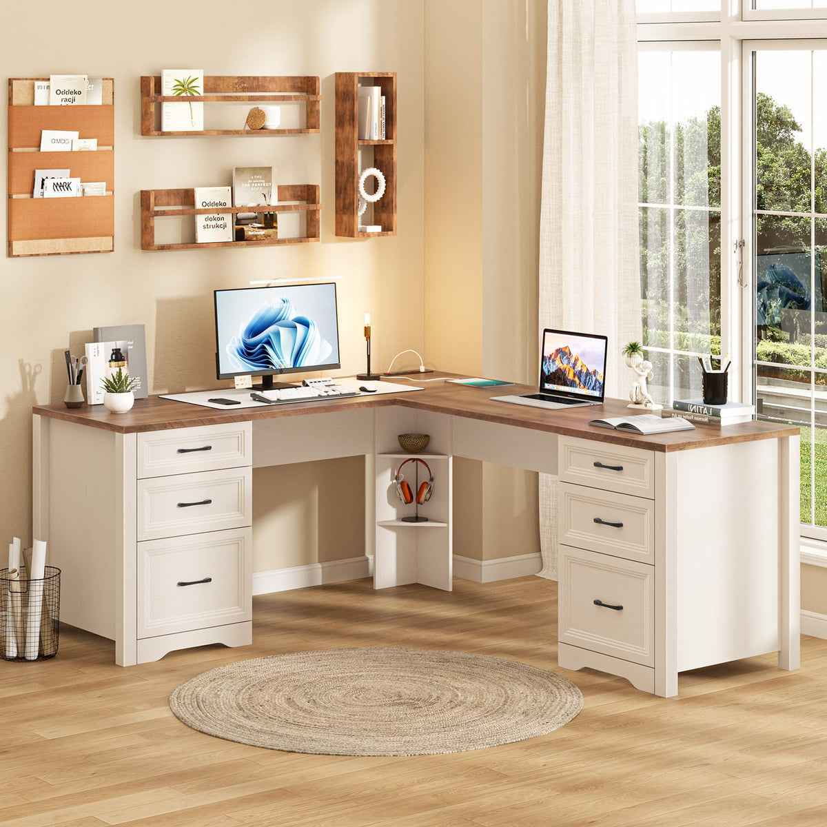 Halitaa Farmhouse Home Office Desk with 6 Drawers, L Shaped Executive Desk with Power Outlets and Triangle Under-Desk Storage Shelf & Drawer File Cabinet, Corner Computer Desk, Grey