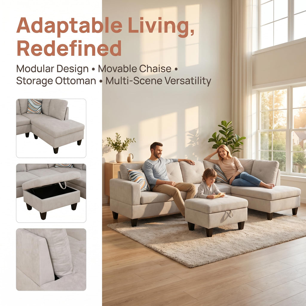97.5" L-Shaped Modular Sectional Sofa with Movable Chaise & Storage Ottoman, 3 Piece Convertible Leather Couch, 4 Seat Gloss Black Living Room Furniture Set for Apartment Home Office