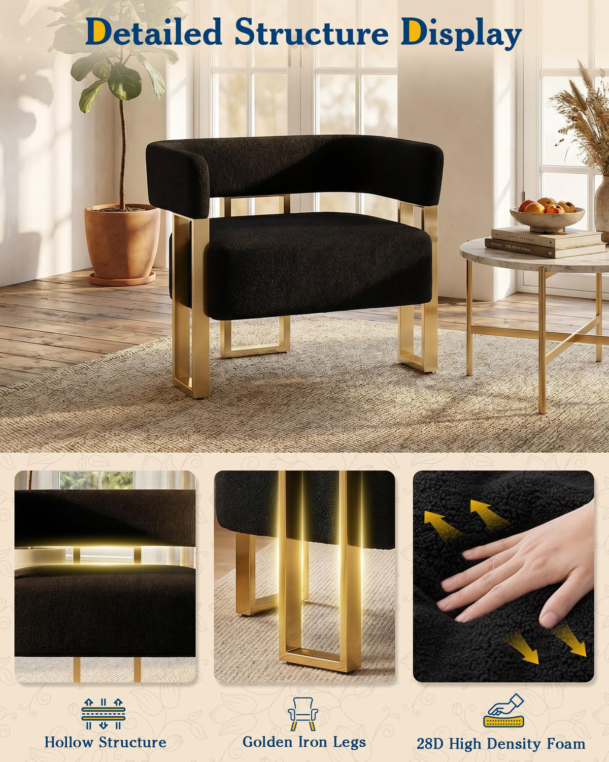 Mid Century Modern Accent Chair Set of 2, Barrel, White Boucle, Gold Leg