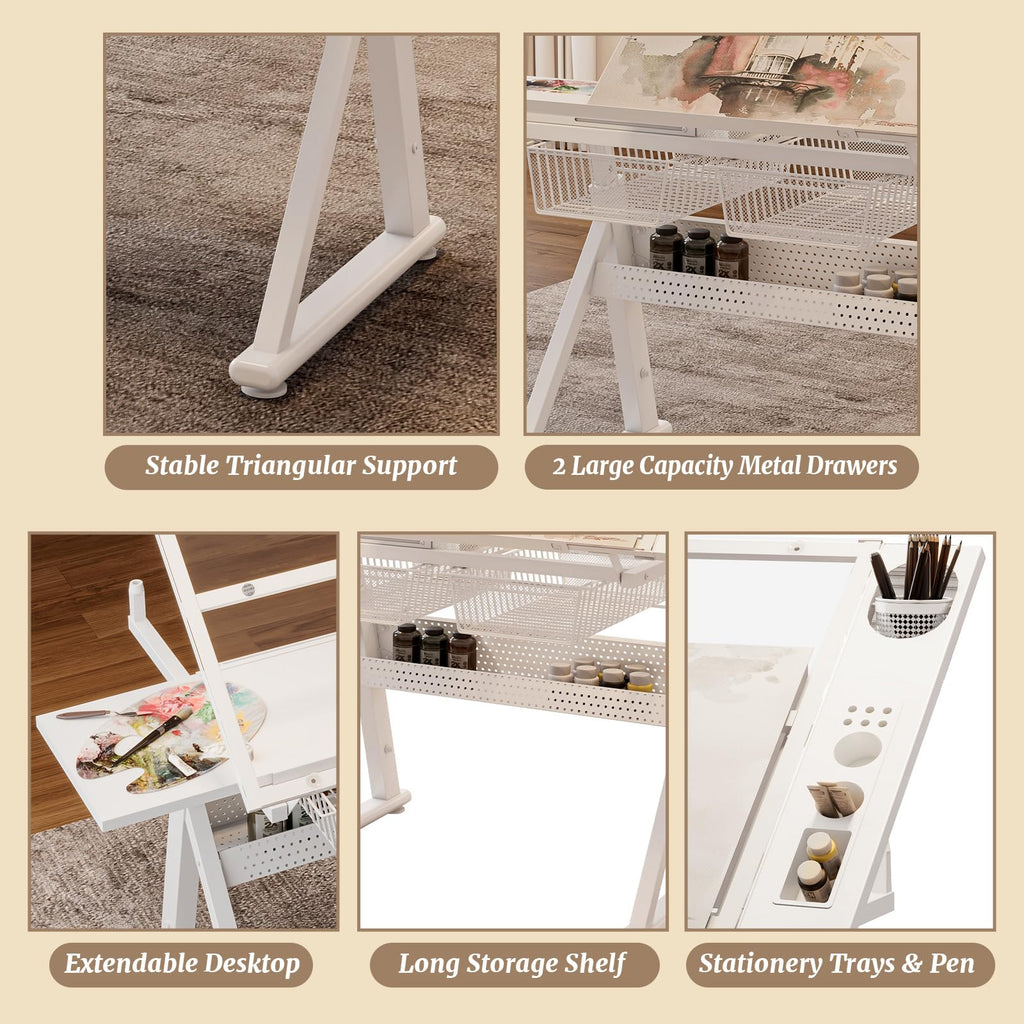 Black Drafting Table Desk w/Stool, Painting Table Art Craft Desk Crafting Table with Tilting Tempered Glass Top, 2 Storage Drawers, Height Adjustable