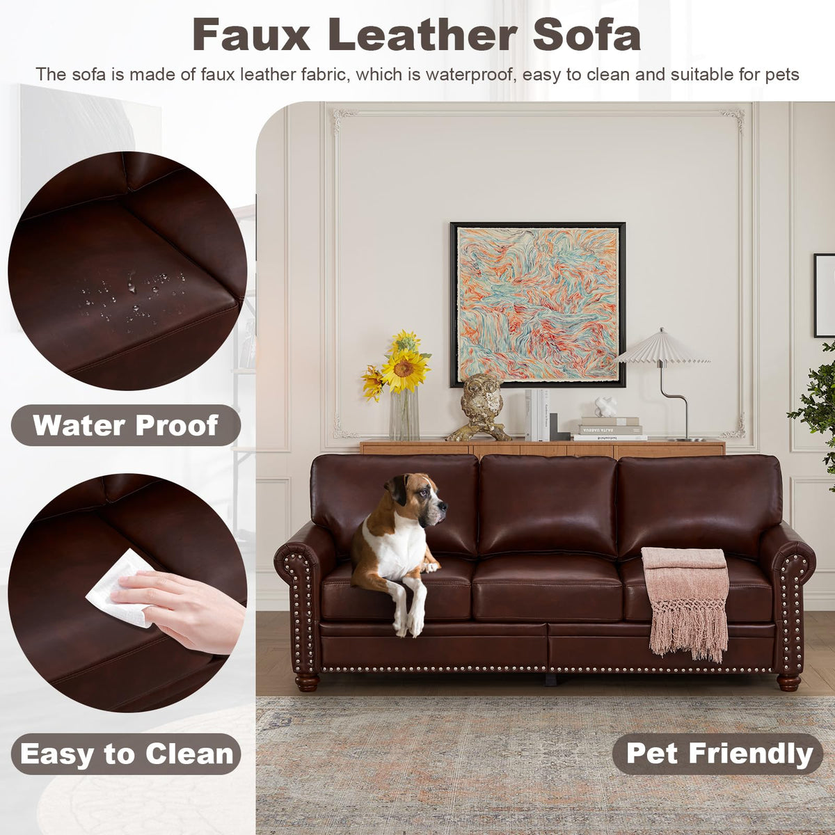 2 Piece Faux Leather Sofa Set,Modern Couch and Loveseat Sets with Storage,Mid Century Couch with Rivet Rolled Arm,Comfy Deep Seat Sofa,Furniture for Living Room,Office(Loveseat+3 Seater,Navy)