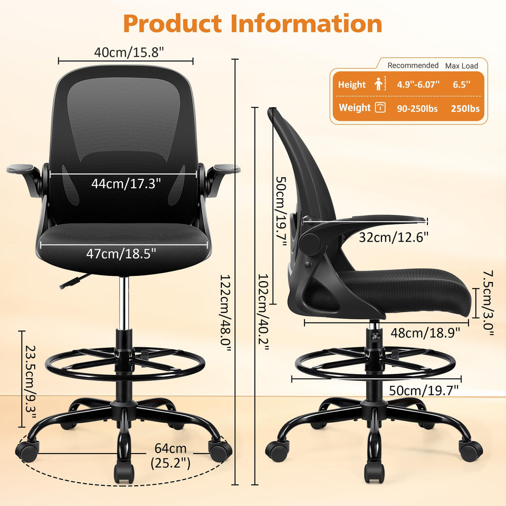 Drafting Chair Tall Office Chair with Flip-up Armrests, Adjustable Height, and Enhanced Lumbar Support - Ergonomic Rolling Stool, Back Support, and Adjustable Foot Rest Ring for Standing Desk White