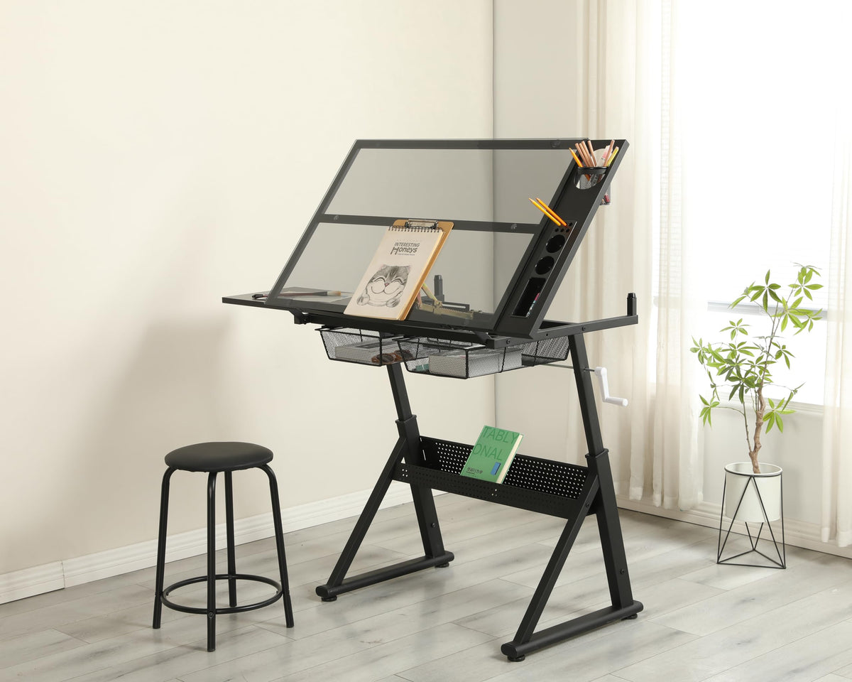 Adjustable Drawing Table for Artists | Drafting Desk with Tilted Glass Top | Art & Craft Table for Adults (Black, Classic Pro-27.16''- 35.82'' H)