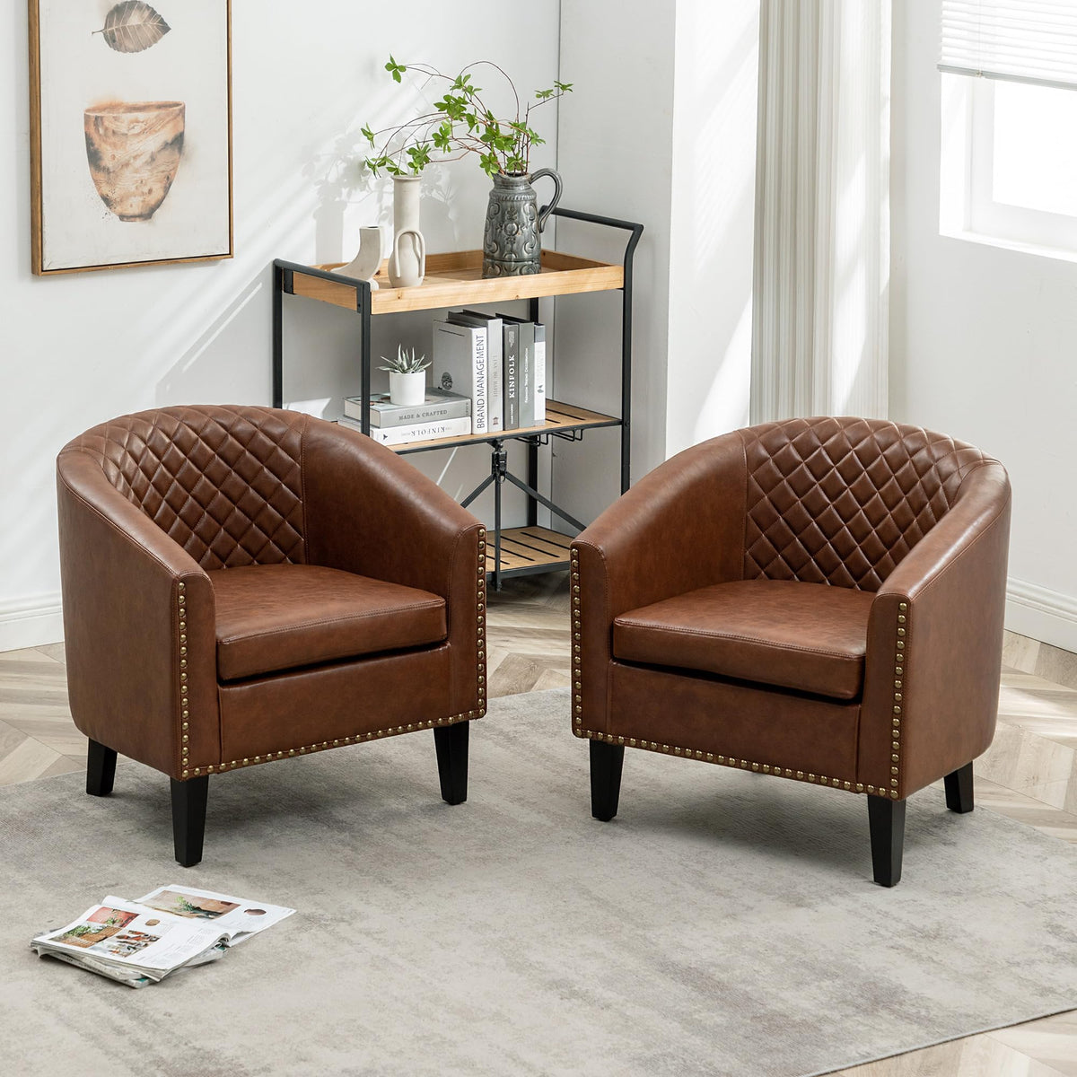 KINWELL 29" W Faux Leather Tufted PU Barrel Club Chairs Set of 2, Black