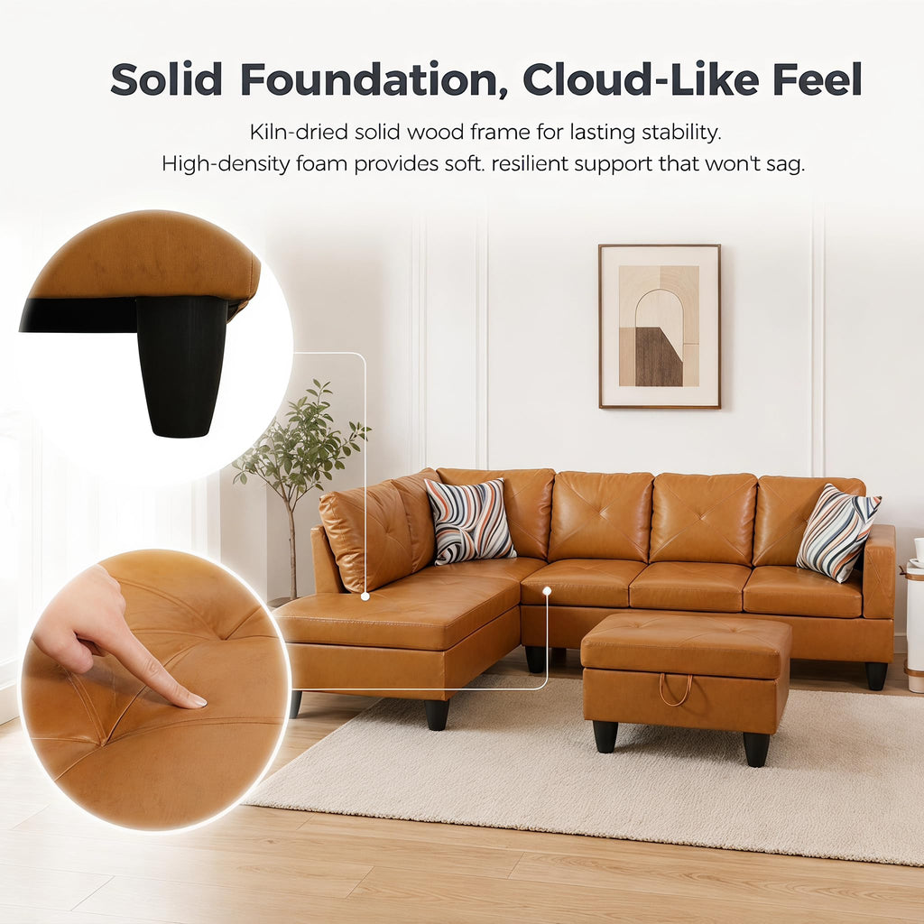 97.5" Leather L Shaped Couch with Left Chaise & Cup Holder, Sectional Sofas Modular Furniture Set with Storage Ottoman, Convertible Couches for Living Room, Office & Small Space (Black)