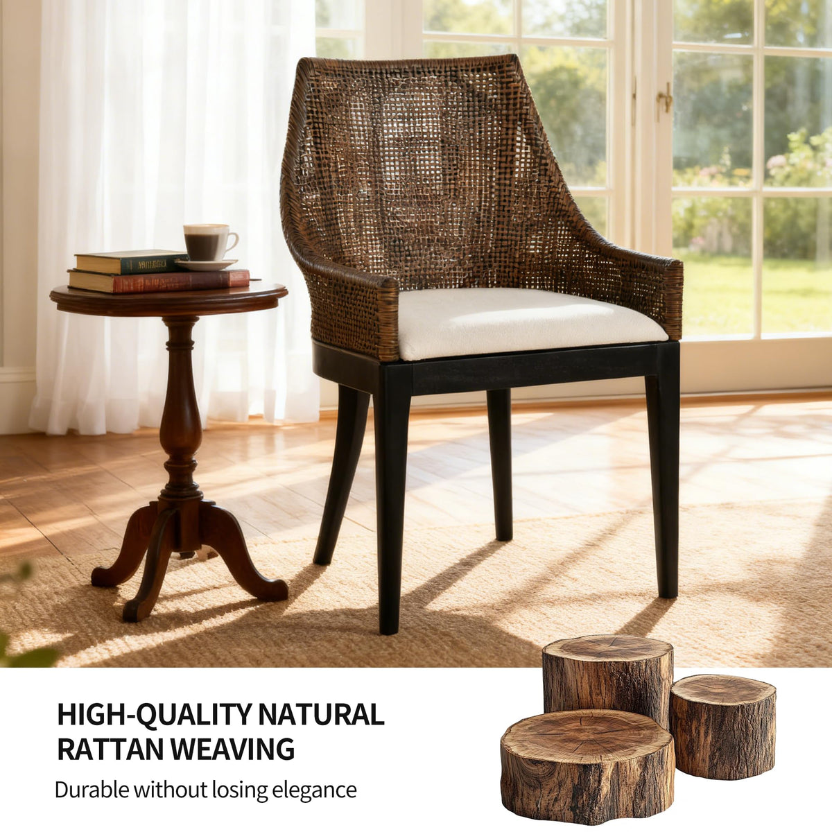DUHOME 2 Sets Wood Rattan Arm Accent Chairs Natural Wash/White Cushion