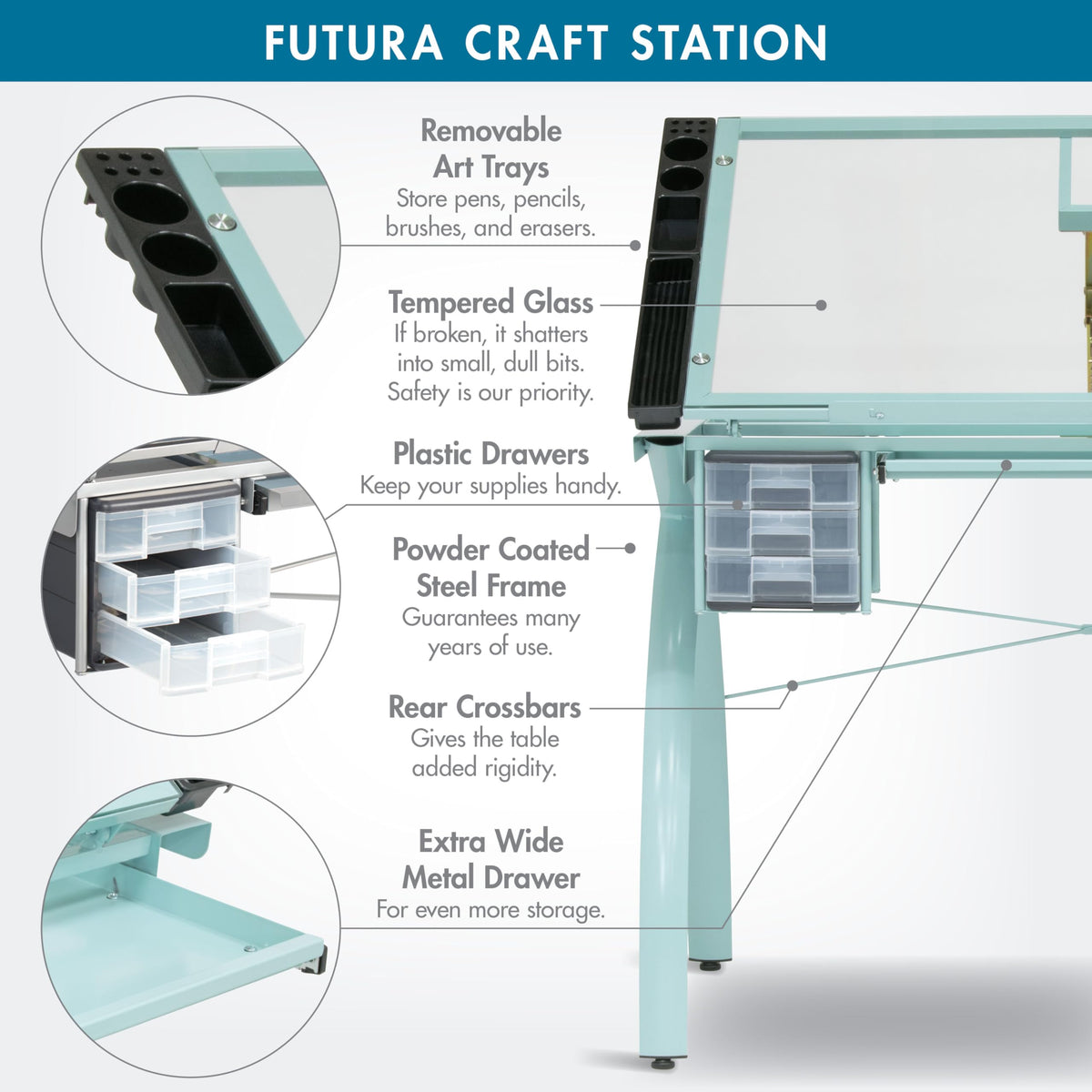 SD Studio Designs 10096 Futura Station with Folding Shelf Top Adjustable Drafting Craft Drawing Hobby Table Writing Studio Desk with Drawer, 35.5'' W x 23.75'' D, White/Clear Glass
