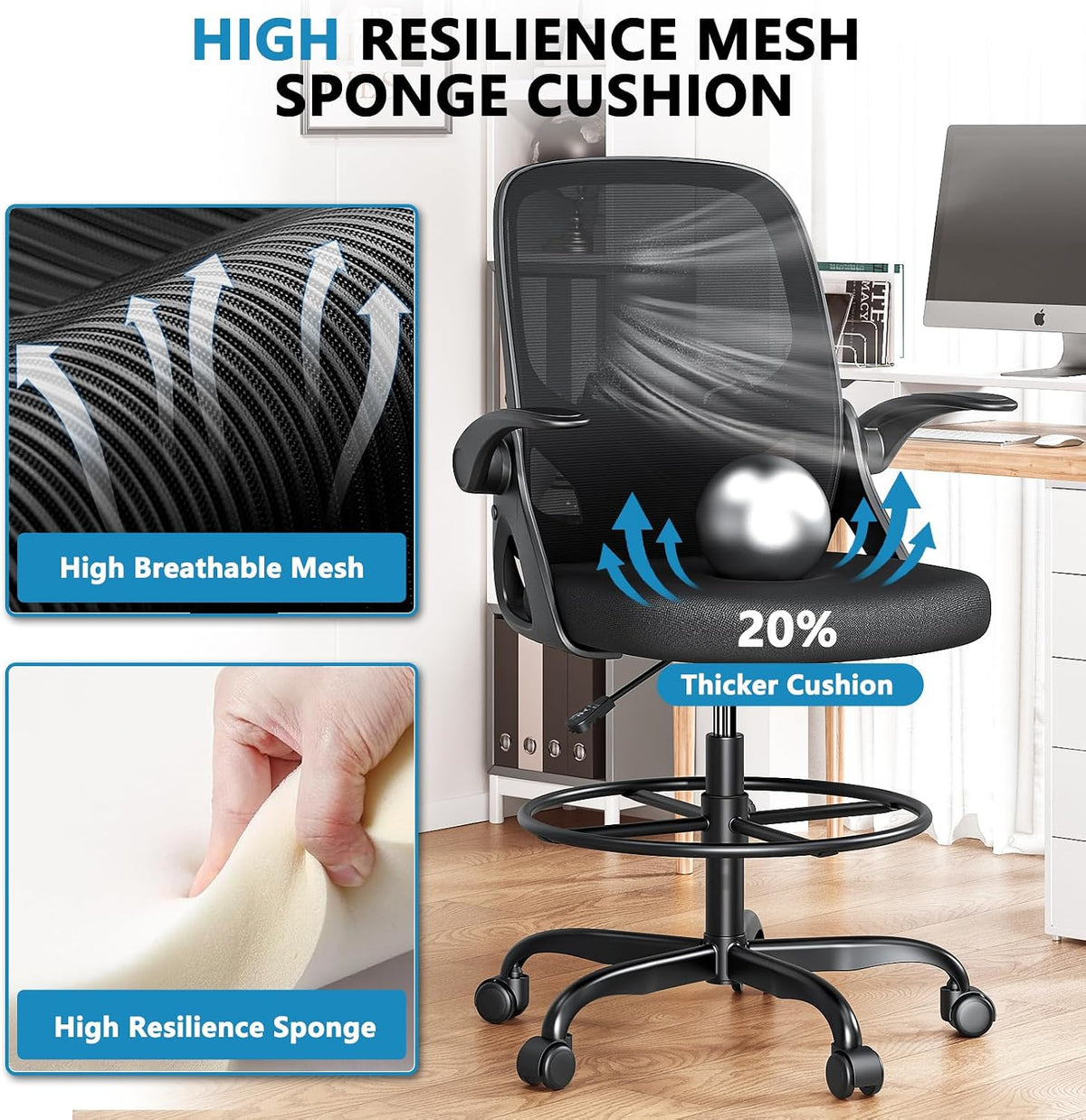 Kensaker Drafting Chair Tall Office Chair, Ergonomic Standing Desk Chair with Adjustable Foot Ring and Flip-up Armrests, Mesh Computer Chair for Art Studio, 300 LBS, Black