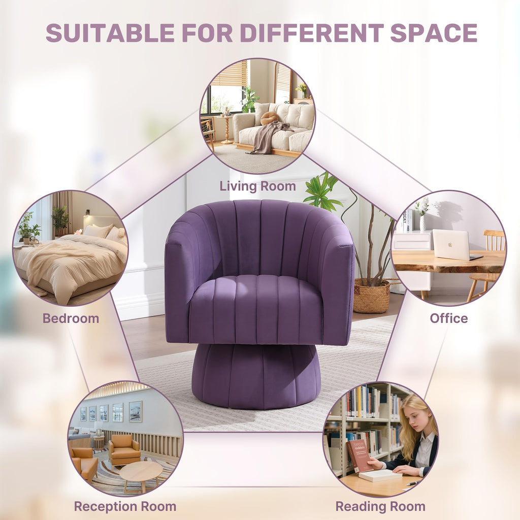 Swivel Accent Barrel Chair Set of 2, Cute Comfy Small Round 360Â° Arm Chair, Velvet Sofa Club Reading Chair for Living Room Bedroom Office Purple