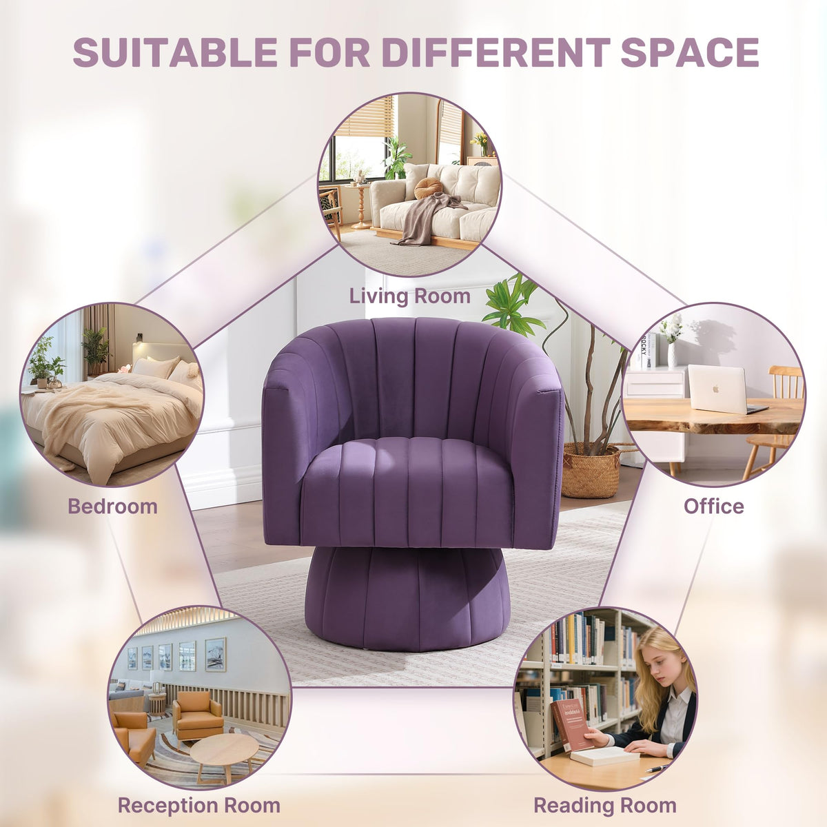 Swivel Accent Barrel Chair Set of 2, Cute Comfy Small Round 360Â° Arm Chair, Velvet Sofa Club Reading Chair for Living Room Bedroom Office Purple