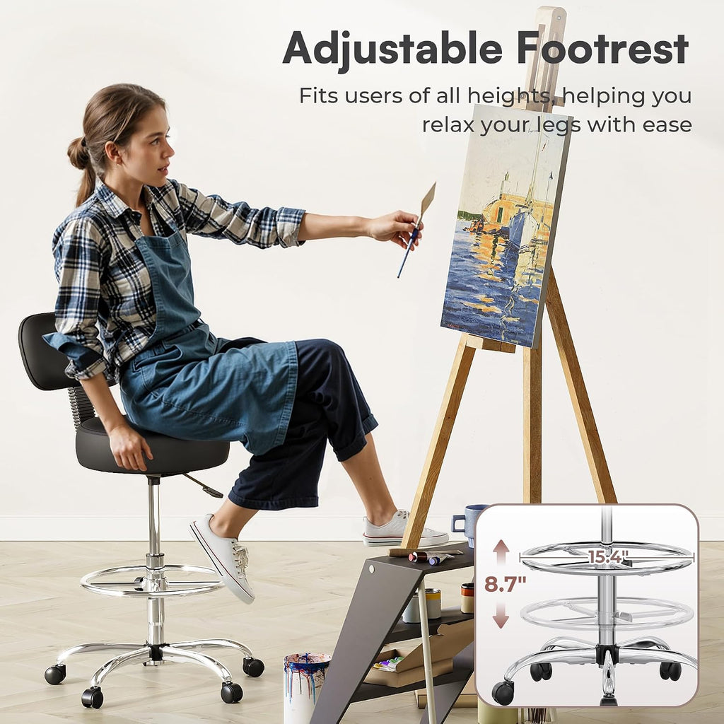 SUPERJARE Drafting Chair with Backrest, Adjustable Foot Rest Rolling Stool
