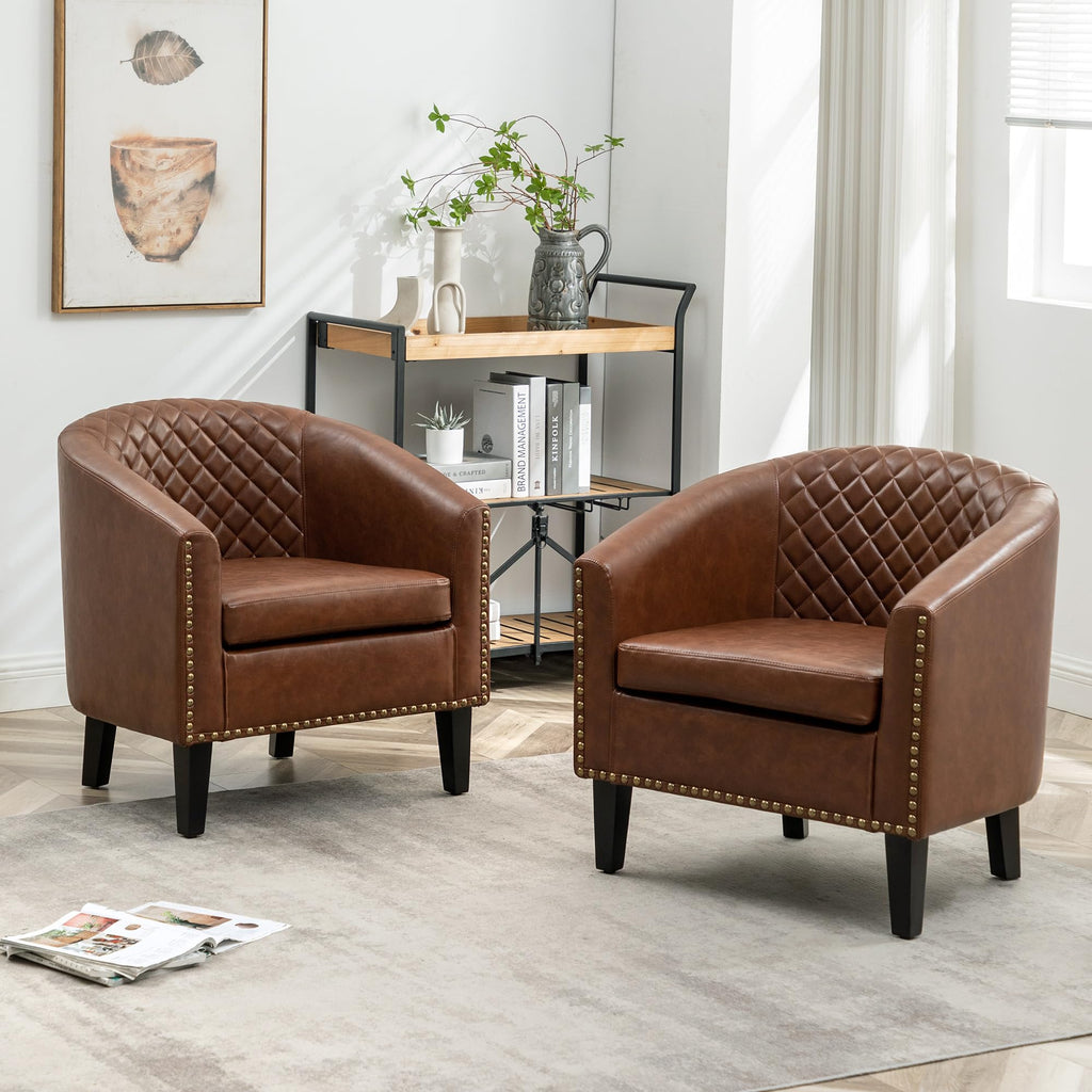 KINWELL 29" W Faux Leather Tufted PU Barrel Club Chairs Set of 2, Black