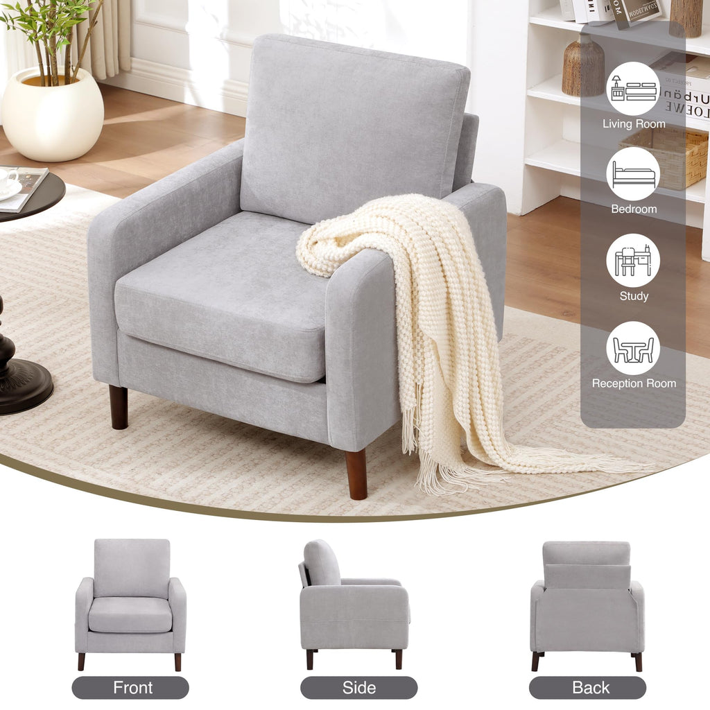 Accent Chair Set of 2, Upholstered Living Room Chairs with Wood Legs and Side Pockets, Modern Reading Chair for Bedroom, Armchair Single Sofa Side Chair for Office, Small Room, Dark Grey