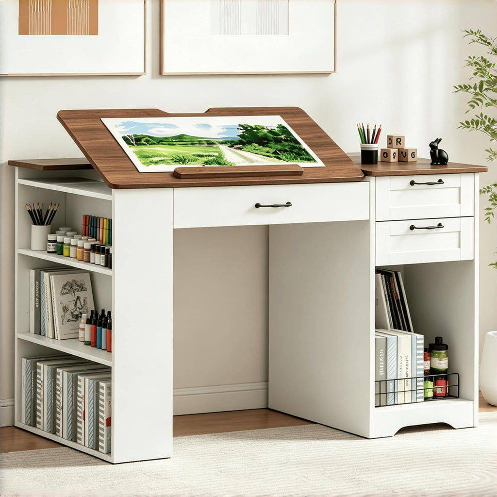 Drafting Table with Storage Cabinet & Drawers, Adjustable Drawing Desk with Open Shelves, Craft Table Painting Desk for Artists, Painters, Drawing, Crafting, Reading, Writing, Working