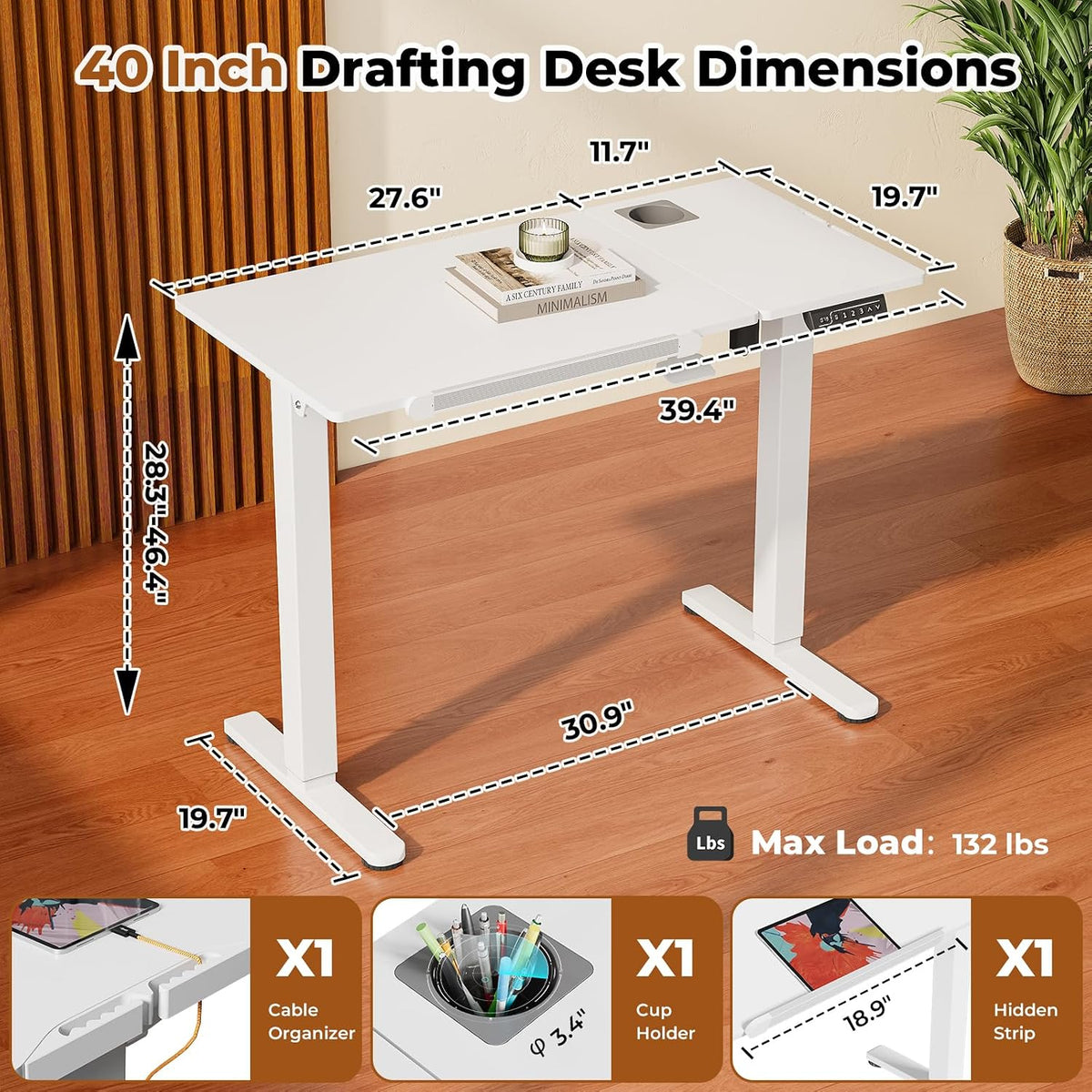 JOY worker Electric Drafting Table, 40Ã20" Height Adjustable White Art Desk