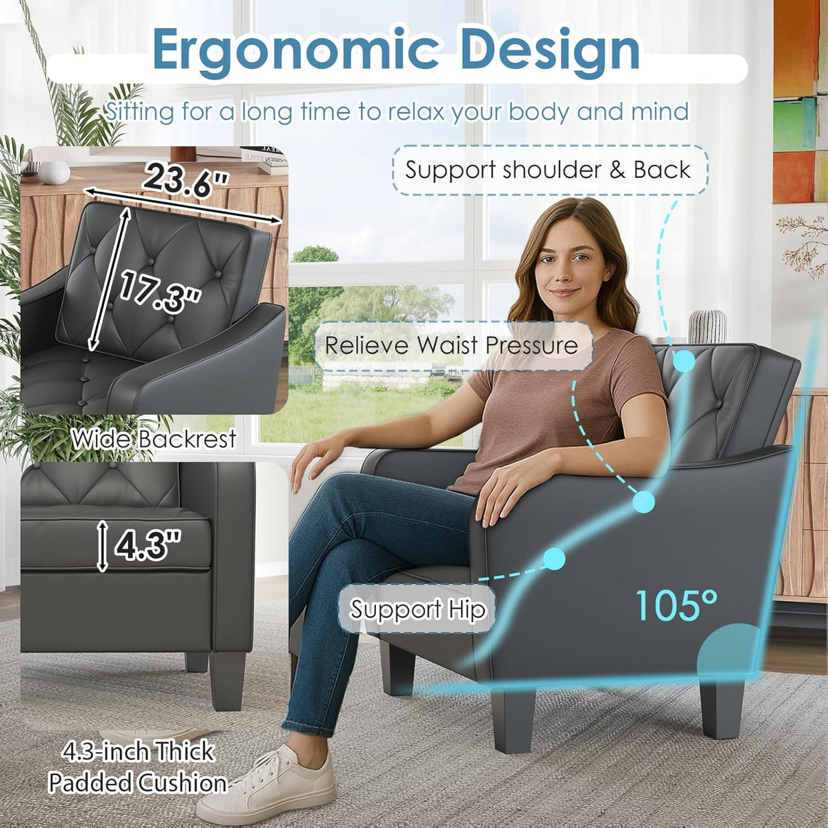 Grey Accent Chairs Set of 2, Wide Comfy Arm Chairs for Living Room, Office