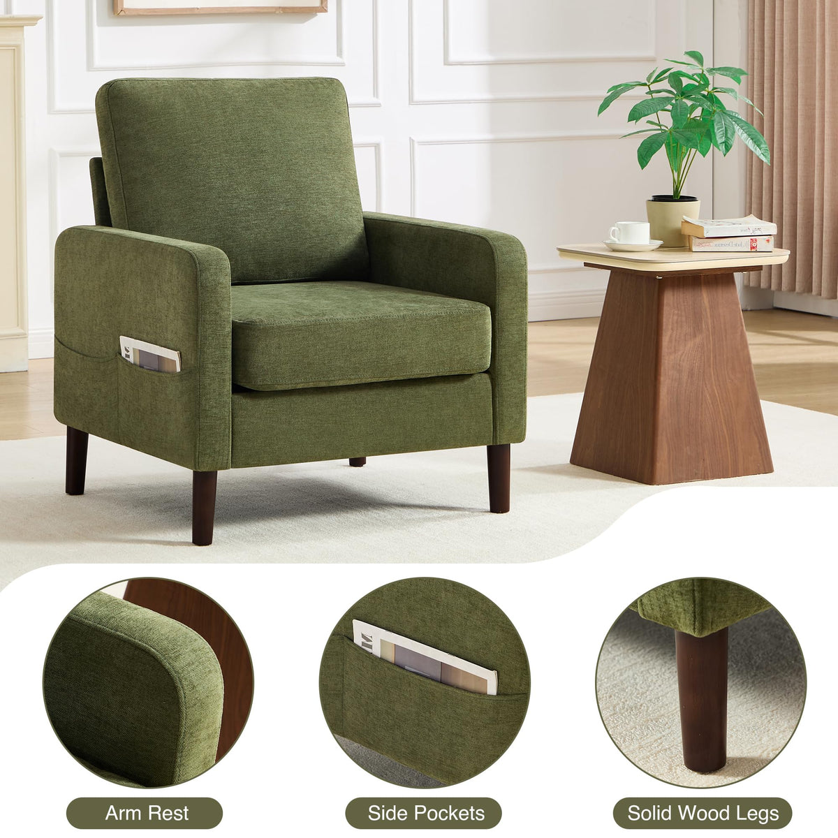 Accent Chair Set of 2, Upholstered Living Room Chairs with Wood Legs and Side Pockets, Modern Reading Chair for Bedroom, Armchair Single Sofa Side Chair for Office, Small Room, Dark Grey