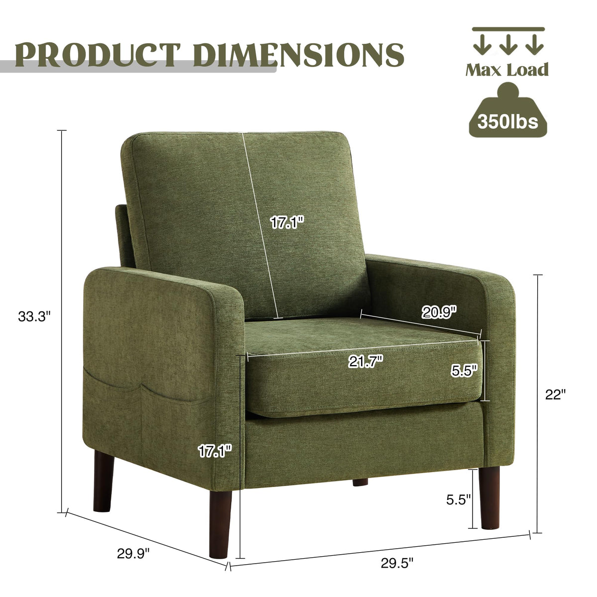 Accent Chair Set of 2, Upholstered Living Room Chairs with Wood Legs and Side Pockets, Modern Reading Chair for Bedroom, Armchair Single Sofa Side Chair for Office, Small Room, Dark Grey