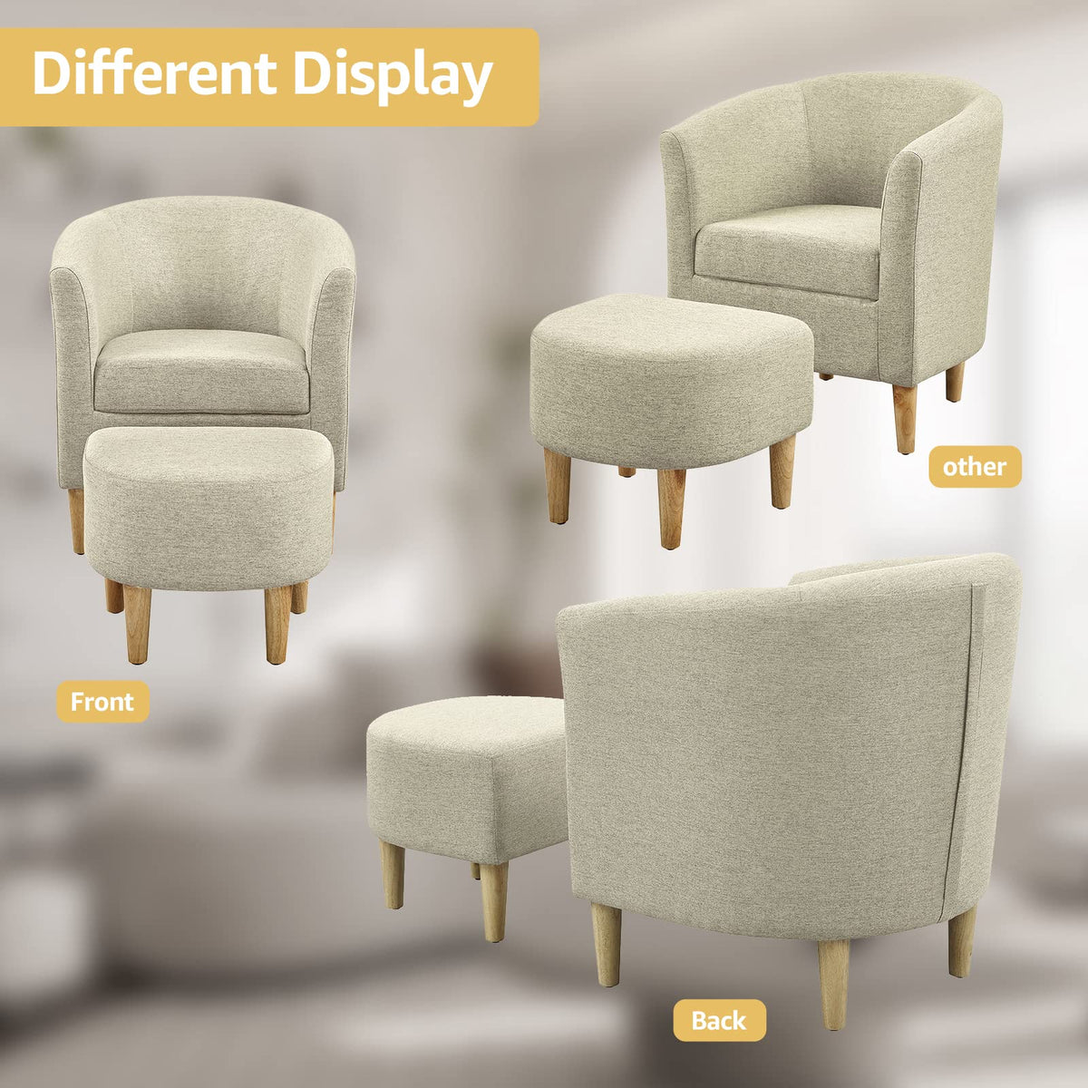 DAZONE Accent Chair with Ottoman, Modern Comfy Armchair Upholstered Barrel Club Chair and Footrest Set, Fabric Tub Arm Chairs for Living Room Bedroom Small Spaces Apartment Office, Set of 2, Gray