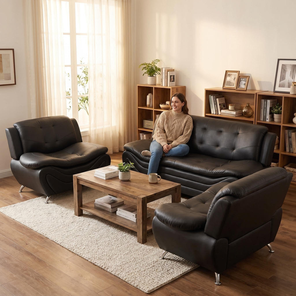 Modern Faux Leather Sofa Set â 3-Piece Living Room Couch with Chrome Legs & Padded Armrests â Includes 1-Seater, 2-Seater & 3-Seater â Contemporary Lounge Furniture for Home & Office (Brown)