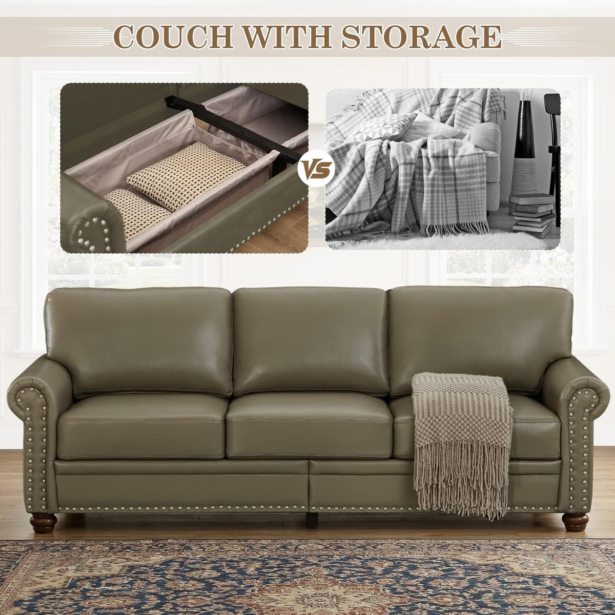 2 Piece Couch Sets for Living Room,Mid Century Modern Couch with Storage Nailhead Trim & Rolled Armrests,Deep Seat Comfy Couch,Furniture Set for Living Room,Bedroom,Office(Navy Blue,Loveseat+3 Seater)