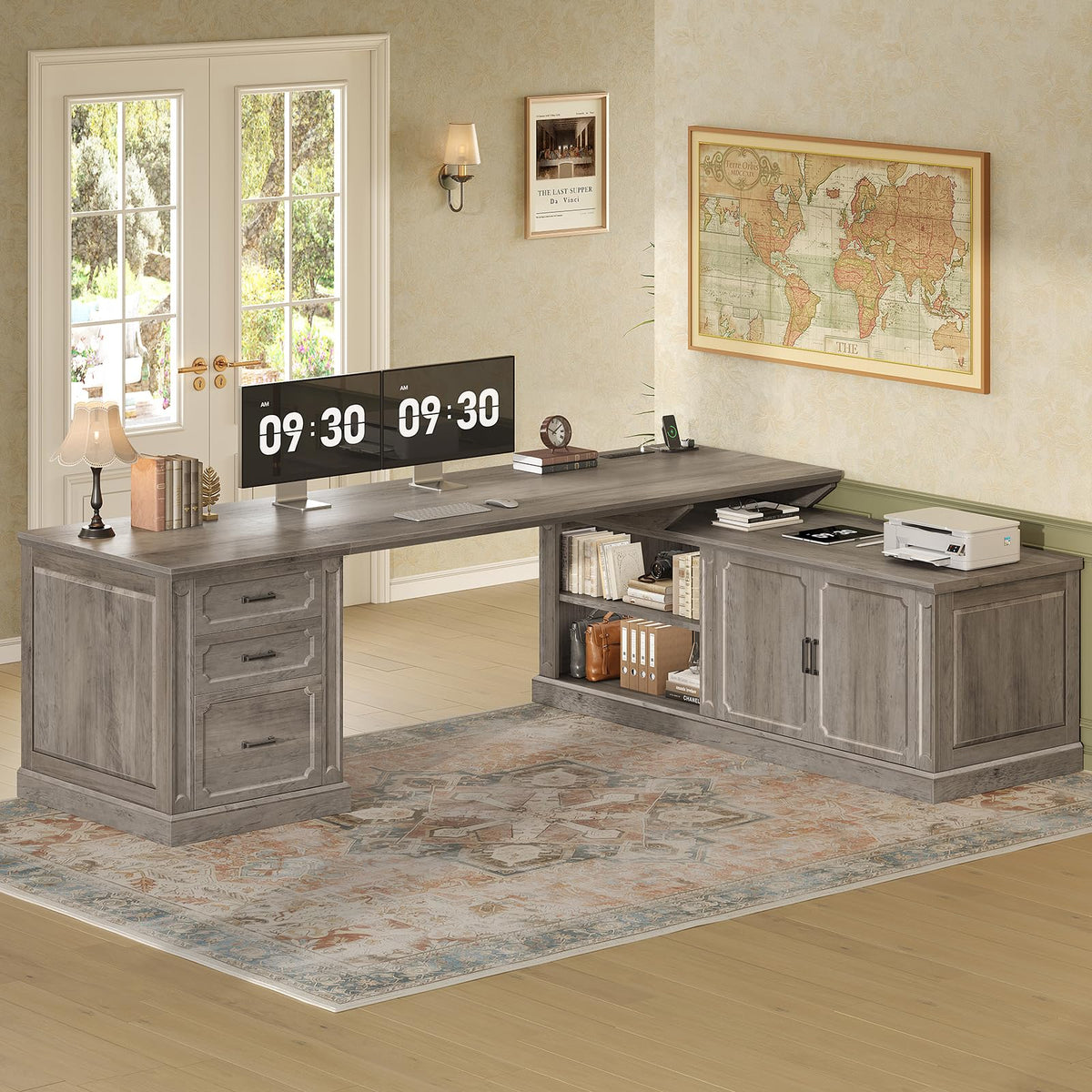 SEDETA Farmhouse 70.9" Executive Desk, Home Office Desk with File Drawers and Storage Cabinet, Computer Desk with Power Outlet for Home Office, Work Study Writing, Black+Brown
