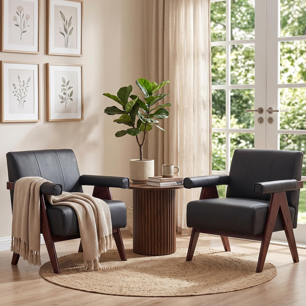 JIASTING Mid Century Modern Accent Chair Set of 2, Black Leather Armchair