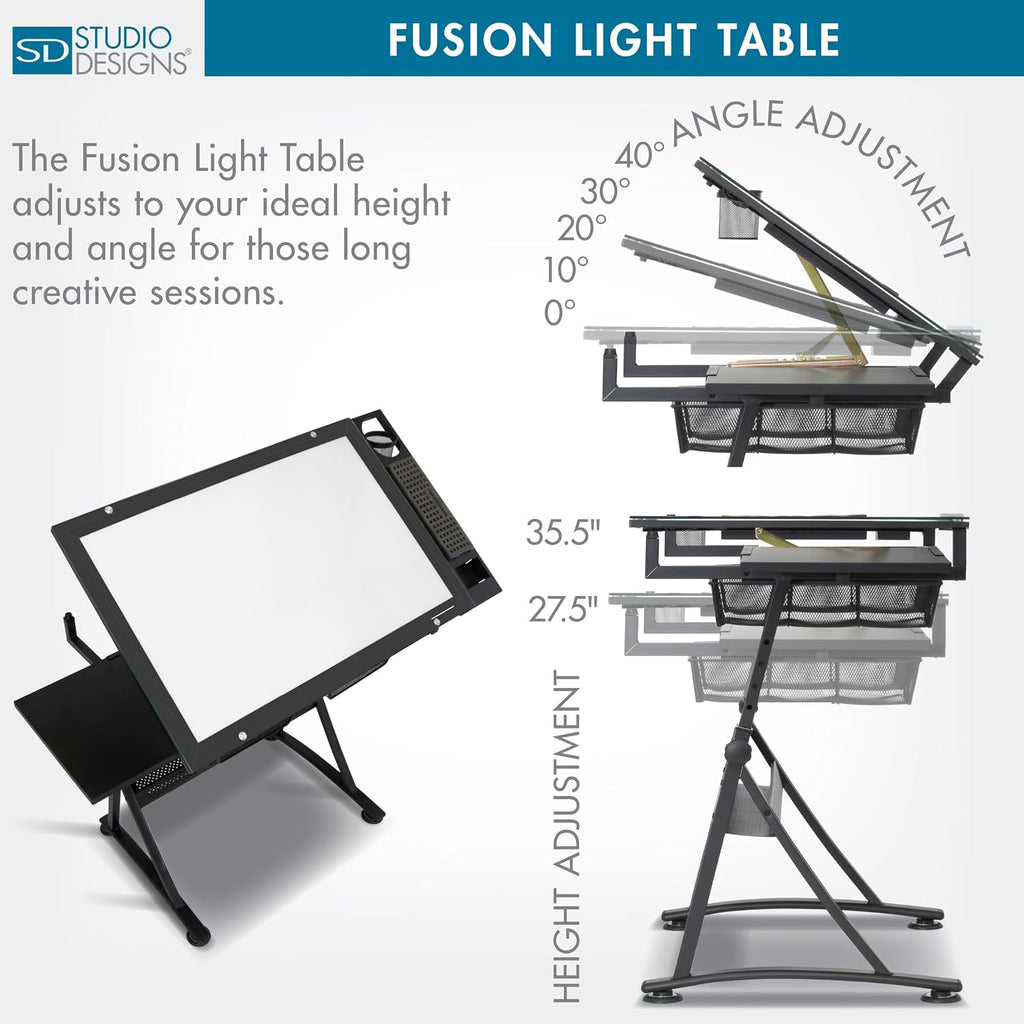 Studio Designs Fusion Drafting Table with Integrated LED Light Pad, Height & Angle Adjustable Tempered Glass Light Table, Artograph Light Pad, Storage Drawers & Side Shelf