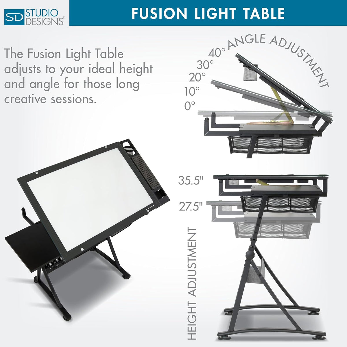 Studio Designs Fusion Drafting Table with Integrated LED Light Pad, Height & Angle Adjustable Tempered Glass Light Table, Artograph Light Pad, Storage Drawers & Side Shelf