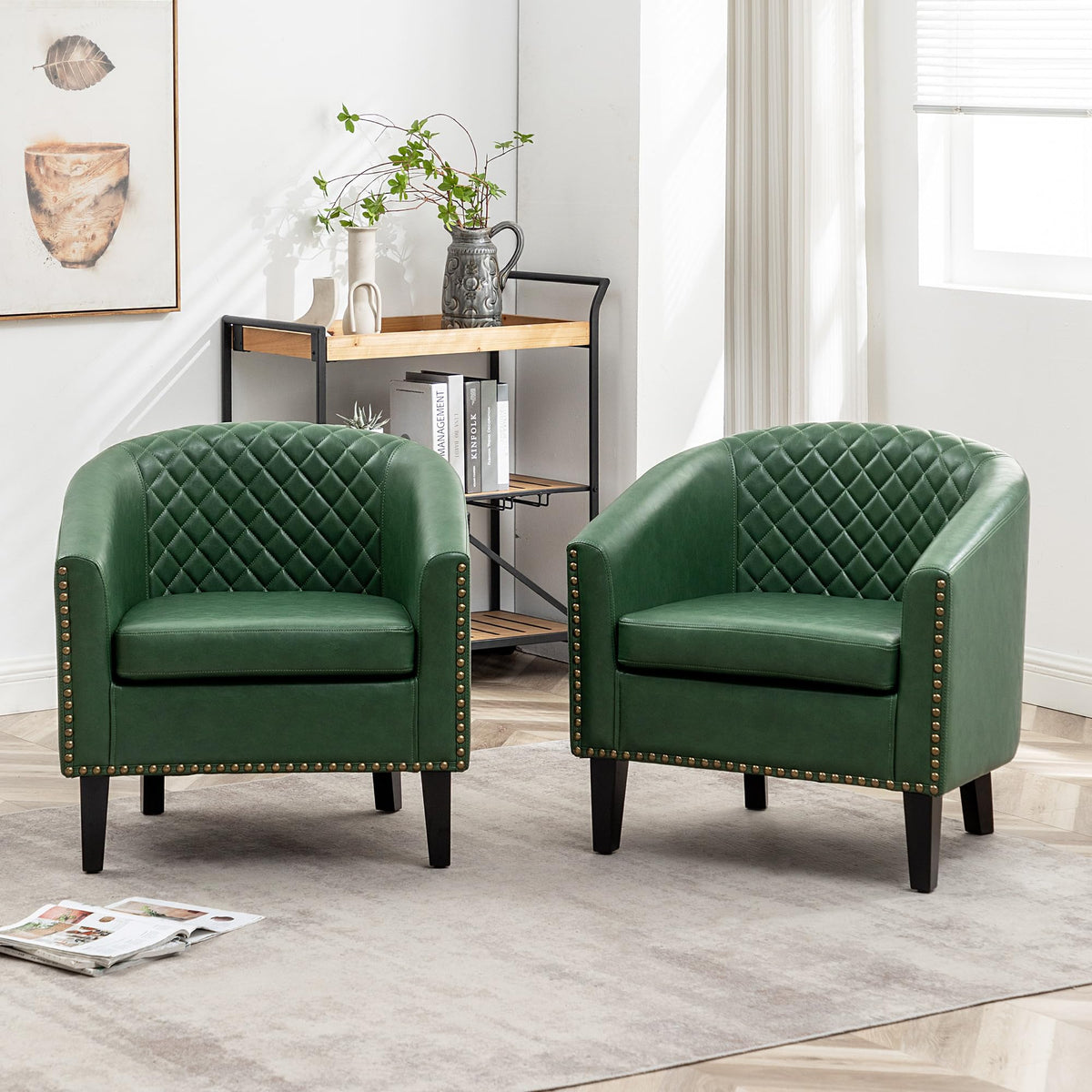 KINWELL 29" W Faux Leather Tufted PU Barrel Club Chairs Set of 2, Black
