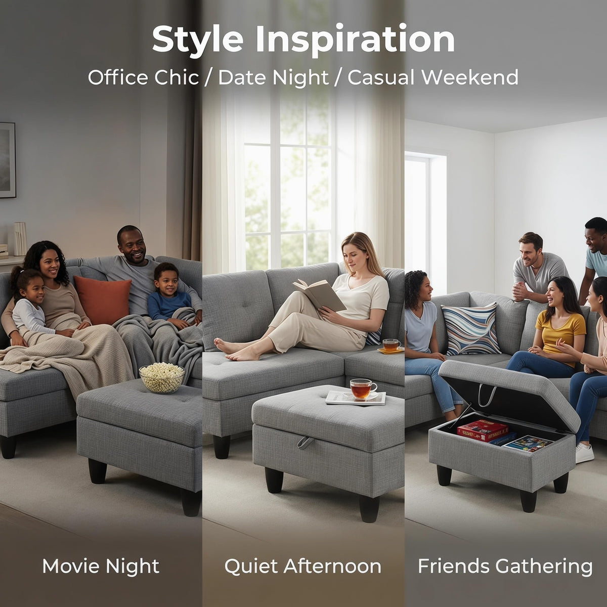 97.5" L-Shaped Modular Sectional Sofa with Movable Chaise & Storage Ottoman, 3 Piece Convertible Leather Couch, 4 Seat Gloss Black Living Room Furniture Set for Apartment Home Office