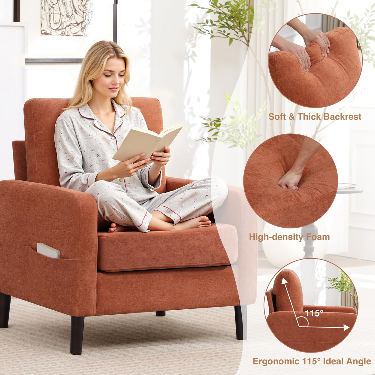 Accent Chair Set of 2, Upholstered Living Room Chairs with Wood Legs and Side Pockets, Modern Reading Chair for Bedroom, Armchair Single Sofa Side Chair for Office, Small Room, Dark Grey