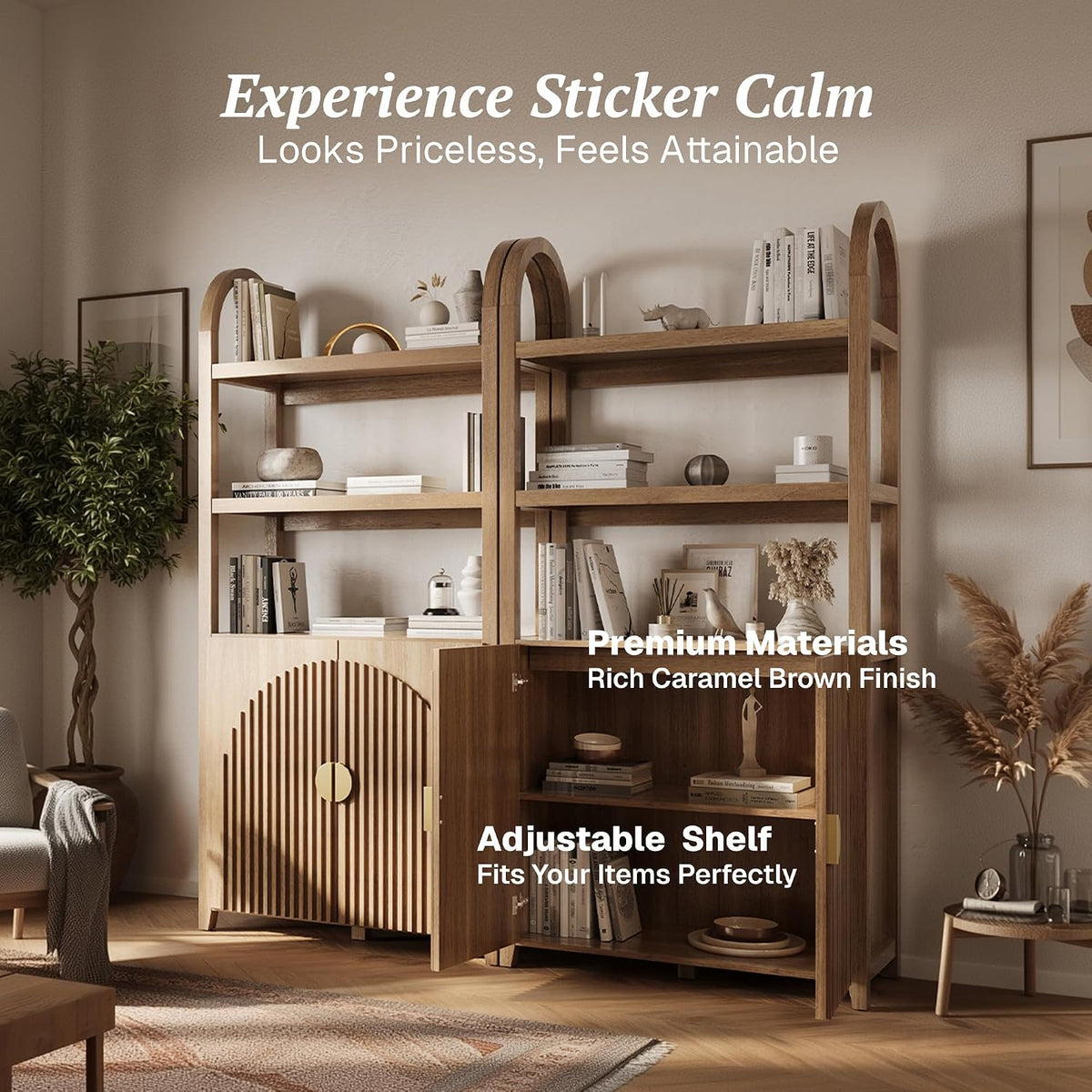 BELLEZE Book Shelf 72" Tall Arched Bookcase with Storage, 5 Tier Mid Century Modern Fluted Bookshelf with Doors, Modular Bookshelves for Living Room Office Library, Set of 2 (Caramel Brown)