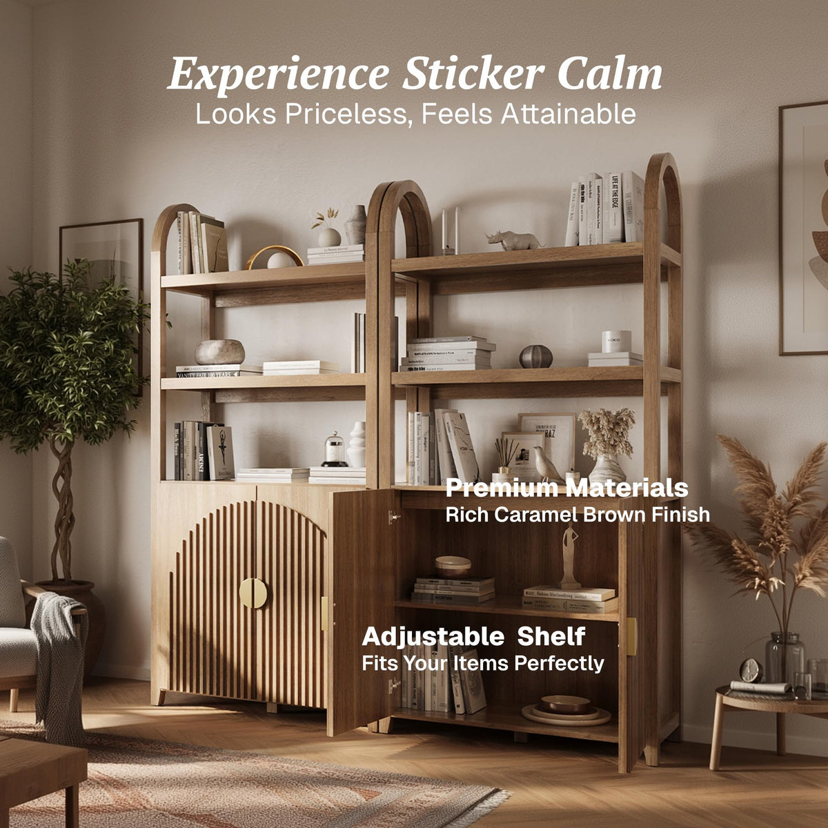 BELLEZE Book Shelf 72" Tall Arched Bookcase with Storage, 5 Tier Mid Century Modern Fluted Bookshelf with Doors, Modular Bookshelves for Living Room Office Library, Set of 2 (Caramel Brown)