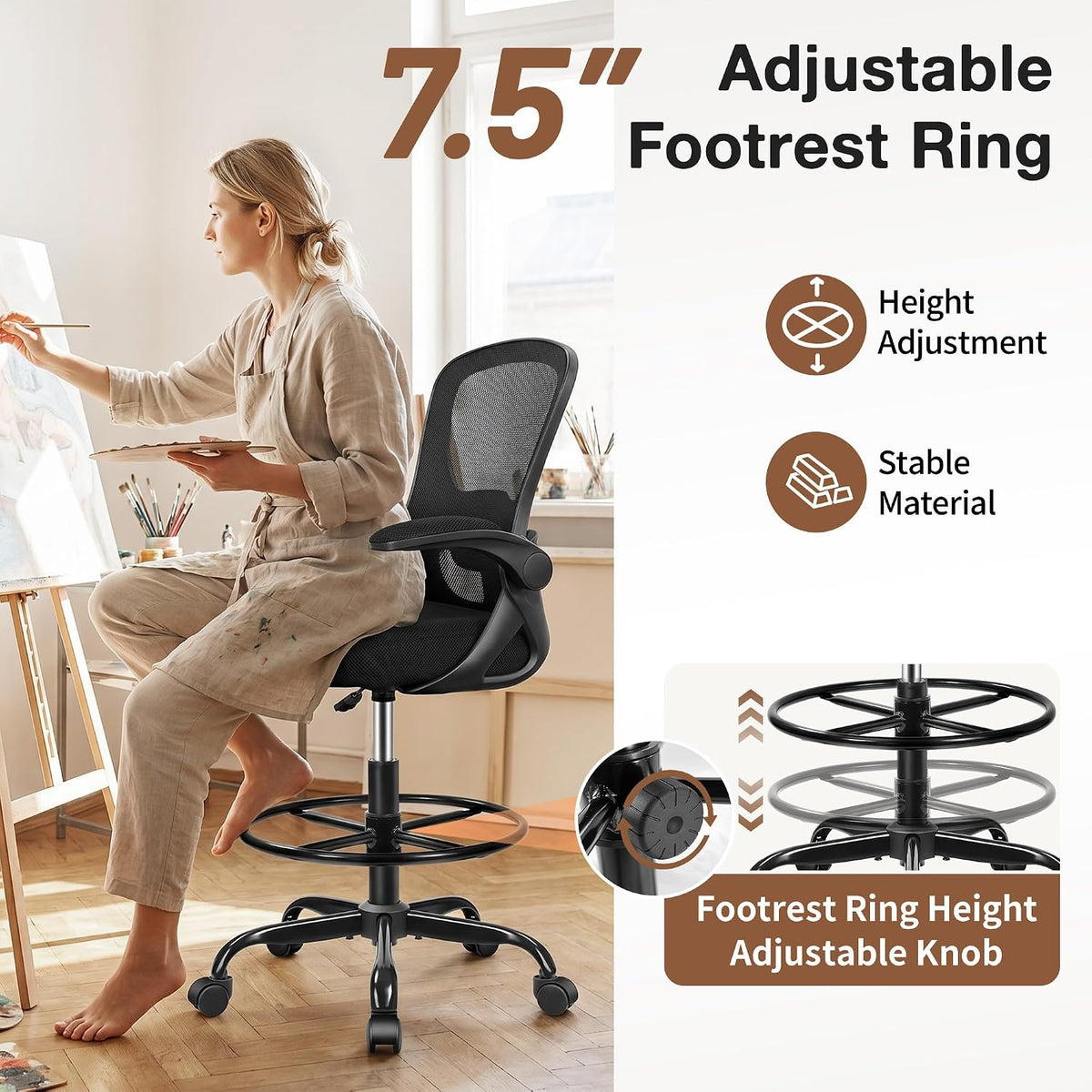 Drafting Chair, Tall Office Chair for Standing Desk with Flip-Up Armrests, Adjustable Foot Ring & Lumbar Support, Breathable Mesh High Desk Stool for Studio & Drafting Table, Black