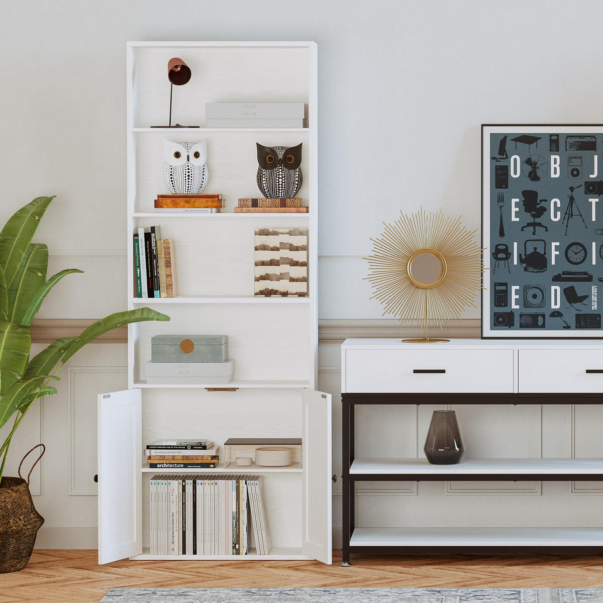 IRONCK Industrial Bookshelves and Bookcases with Doors Floor Standing 6 Shelf Display Storage Shelves 70 in Tall Bookcase for Home Office, Living Room