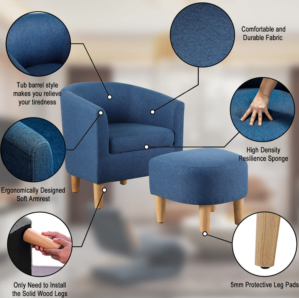 DAZONE Accent Chair with Ottoman, Modern Comfy Armchair Upholstered Barrel Club Chair and Footrest Set, Fabric Tub Arm Chairs for Living Room Bedroom Small Spaces Apartment Office, Set of 2, Gray