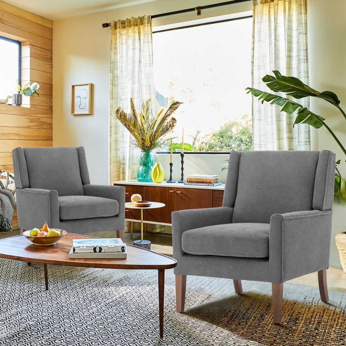 COLAMY Modern Wingback Living Room Chair, Upholstered Fabric Accent Armchair, Single Sofa Chair with Lounge Seat and Wood Legs for Office/Bedroom/Reading Spaces, Beige