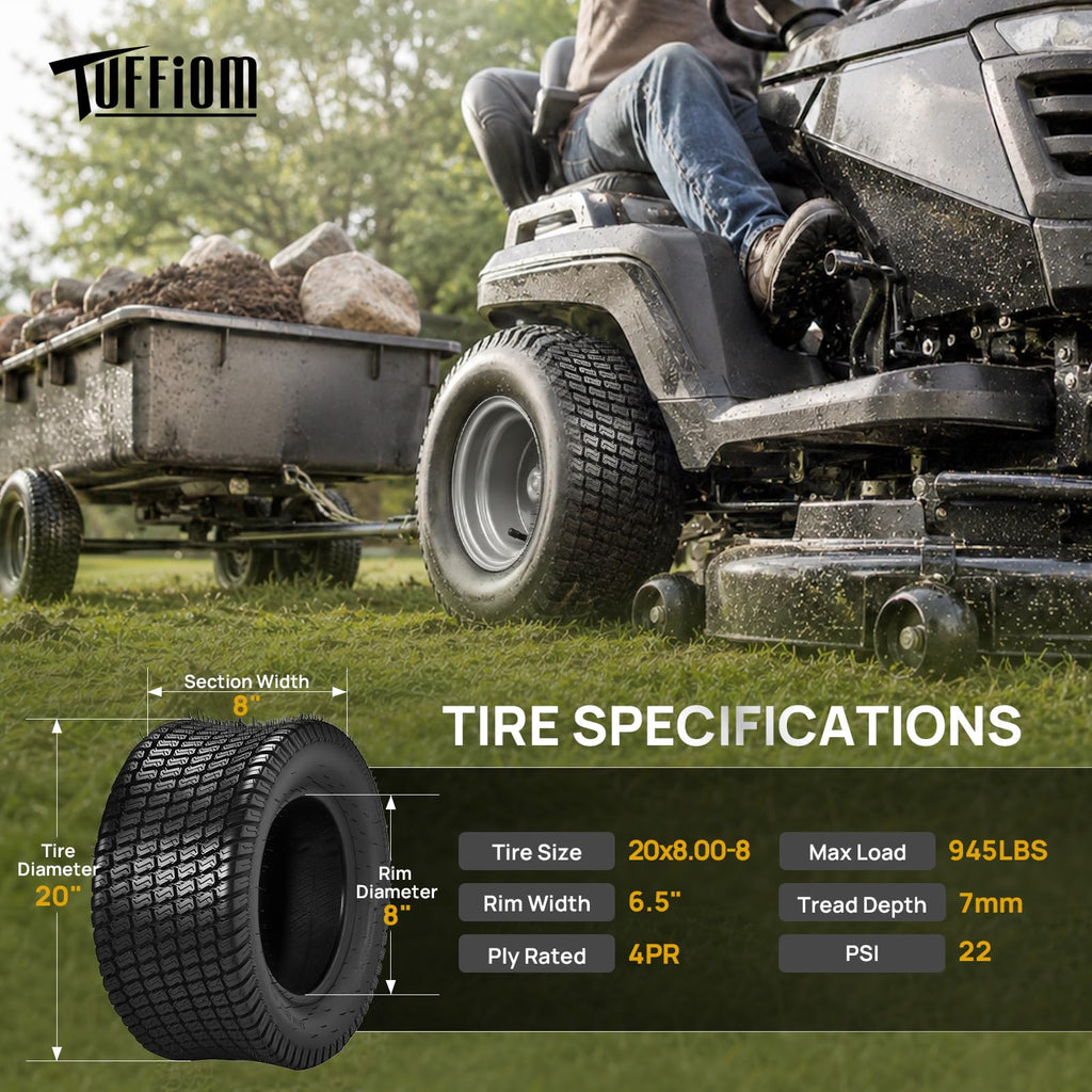 TUFFIOM 20x10.00-8 4PR Lawn Mower Tires Turf Tire Set of 2 for Garden Tractor Riding Lawnmower, Tubeless