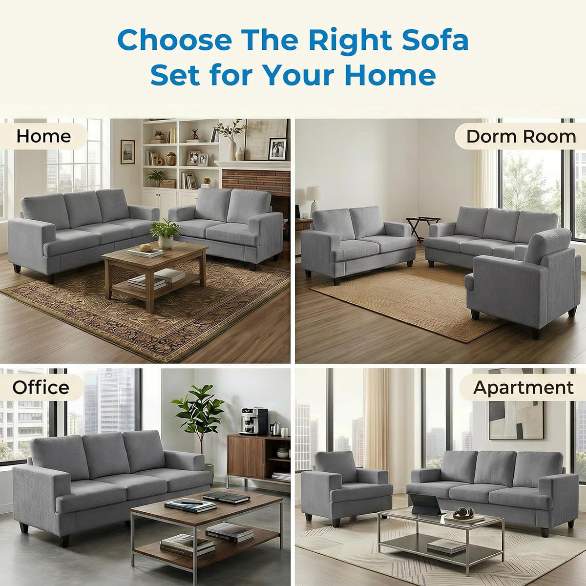 Mjkone 82" 2 Pieces Living Room Sofa Set, 3 Seater & Loveseat, Light Grey