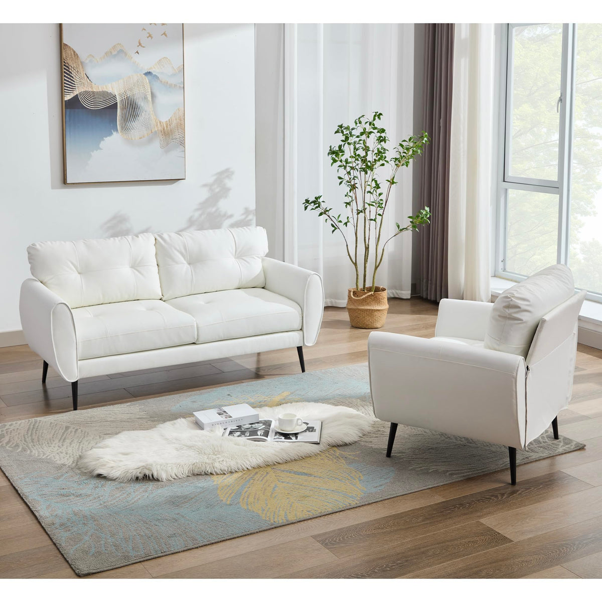 61'' Small Leather Loveseat and Chair, 3 Piece Living Room Sets, Black
