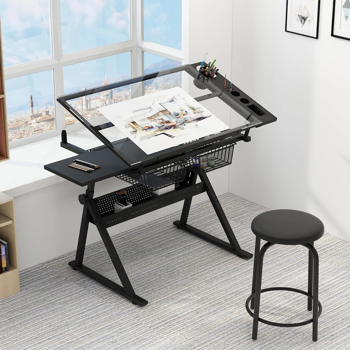 Drafting Table w/Stool, Height Adjustable Multifunctional Drawing Table