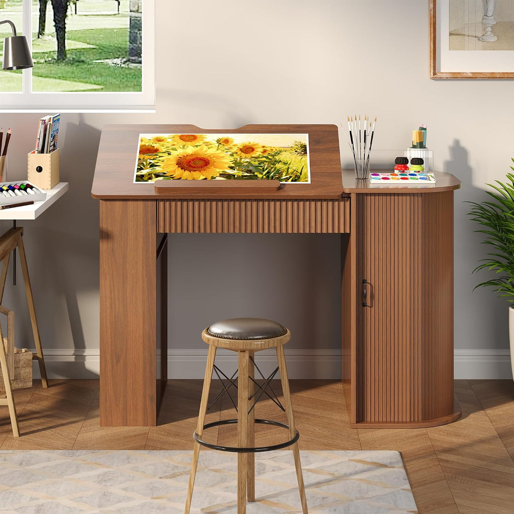 Fluted Drafting Table with Storage, Adjustable Drawing Desk (Walnut)