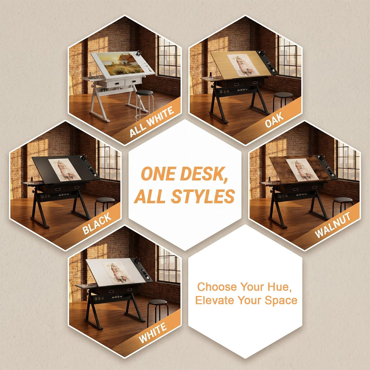 Height Adjustable Drafting Table Drawing Table Artist Desk Tilting Tabletop Art Craft Desk with 2 Storage Drawers and Stool, Art Craft Desk for Artist Painters Drawing Painting (All White)
