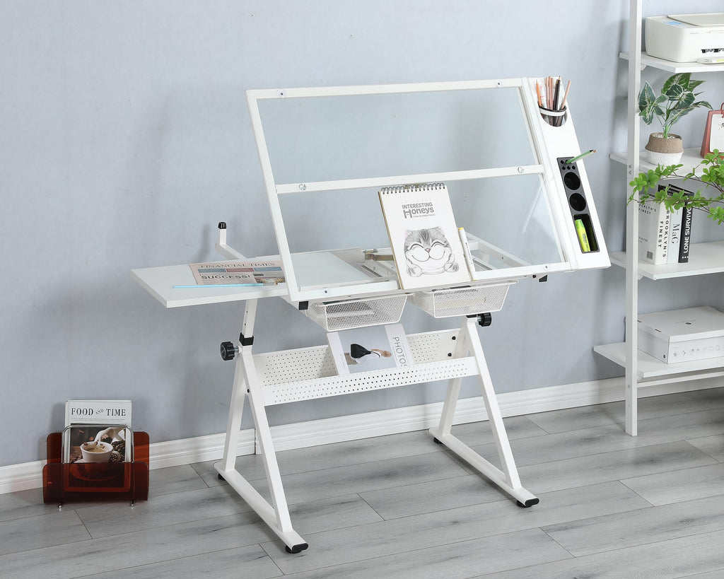 Donfafecuer Adjustable Drafting Table for Adults Professional Art Table 2 Storage Drawers Height Adjustable Home Office Reading Painting Tempered Glass Top Modern Black Design
